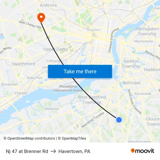 Nj 47 at Brenner Rd to Havertown, PA map