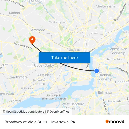 Broadway at Viola St to Havertown, PA map
