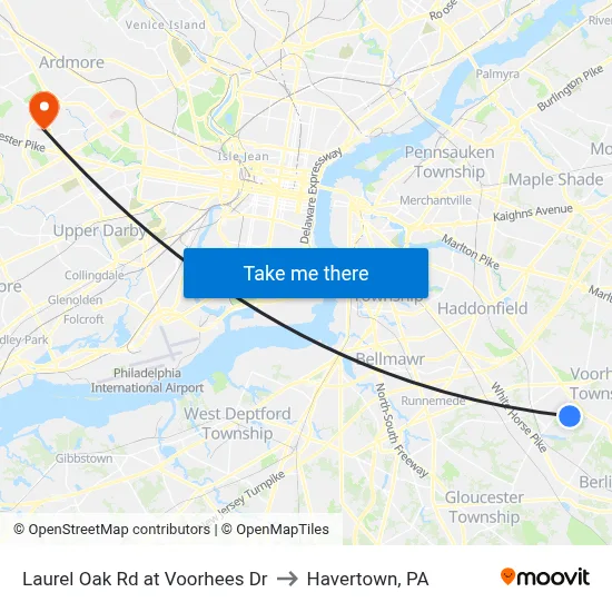 Laurel Oak Rd at Voorhees Dr to Havertown, PA map