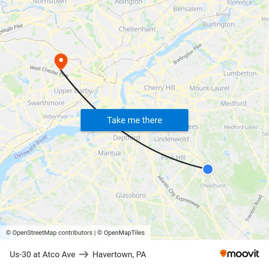 Us-30 at Atco Ave to Havertown, PA map