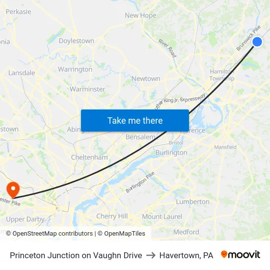 Princeton Junction on Vaughn Drive to Havertown, PA map