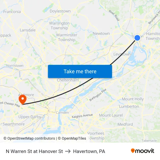 N Warren St at Hanover St to Havertown, PA map