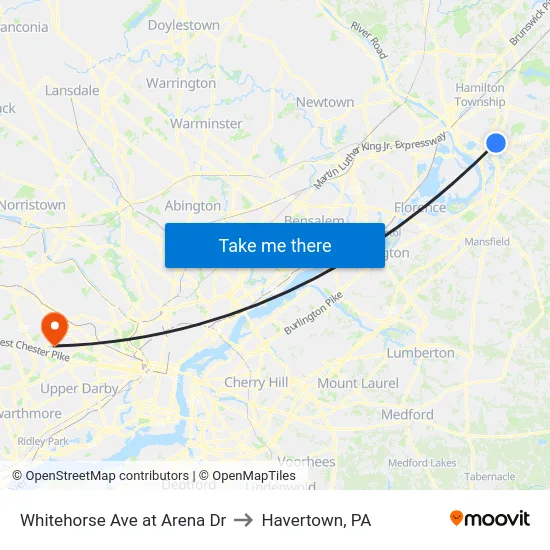 Whitehorse Ave at Arena Dr to Havertown, PA map