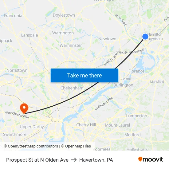 Prospect St at  N Olden Ave to Havertown, PA map