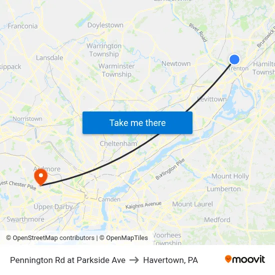 Pennington Rd at Parkside Ave to Havertown, PA map