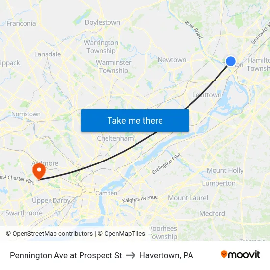 Pennington Ave at Prospect St to Havertown, PA map