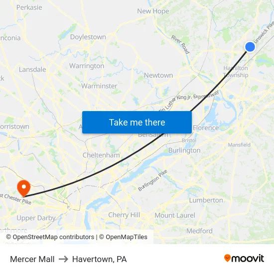 Mercer Mall to Havertown, PA map