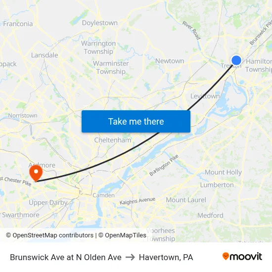 Brunswick Ave at N Olden Ave to Havertown, PA map