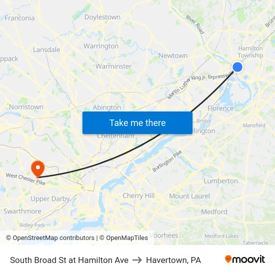 South Broad St at Hamilton Ave to Havertown, PA map