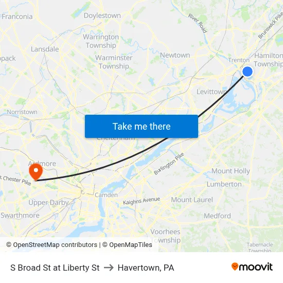 S Broad St at Liberty St to Havertown, PA map