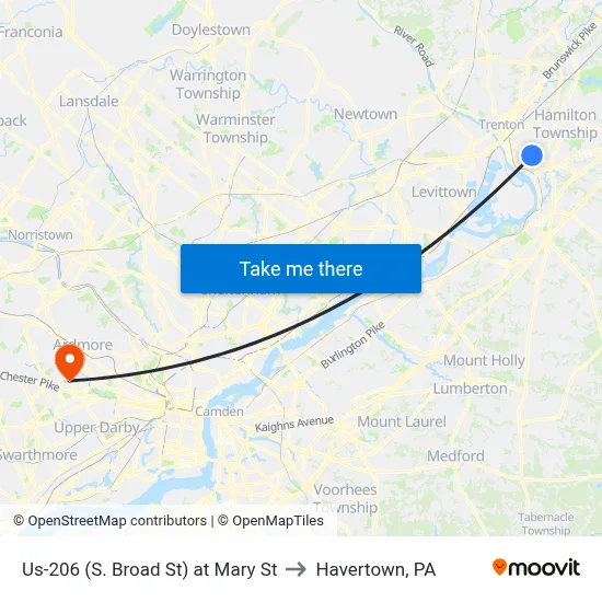 Us-206 (S. Broad St) at Mary St to Havertown, PA map