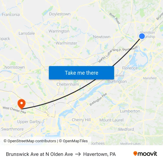 Brunswick Ave at N Olden Ave to Havertown, PA map