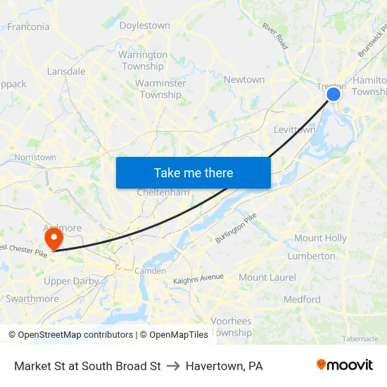 Market St at South Broad St to Havertown, PA map