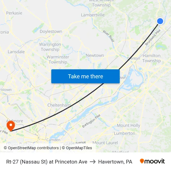 Rt-27 (Nassau St) at Princeton Ave to Havertown, PA map