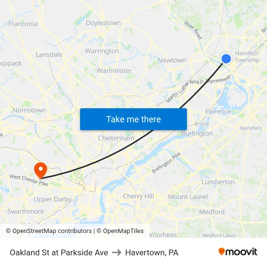 Oakland St at Parkside Ave to Havertown, PA map
