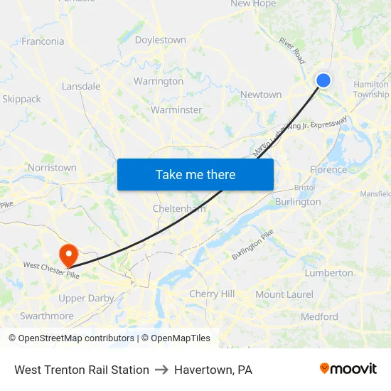West Trenton Rail Station to Havertown, PA map