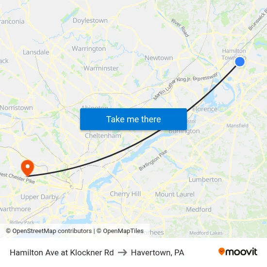 Hamilton Ave at Klockner Rd to Havertown, PA map