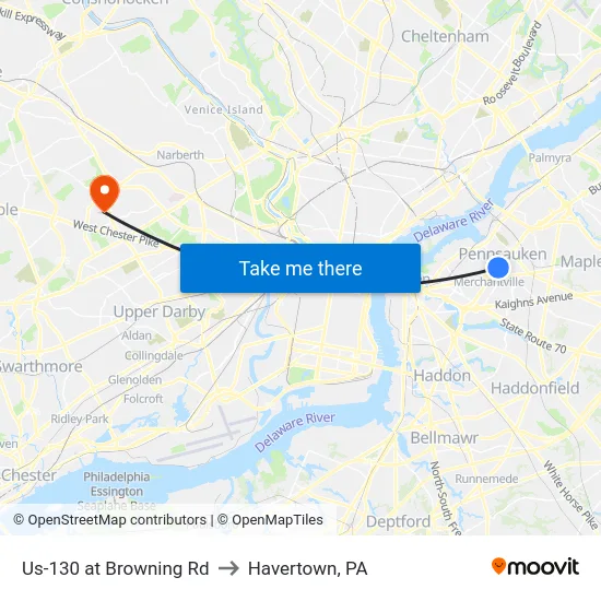 Us-130 at Browning Rd to Havertown, PA map