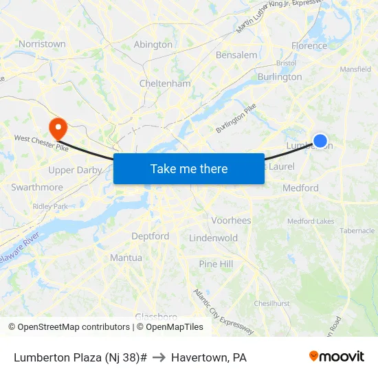 Lumberton Plaza (Nj 38)# to Havertown, PA map