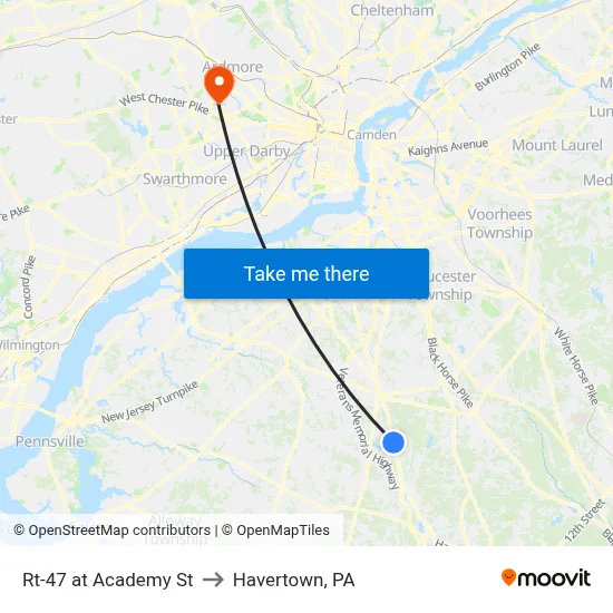 Rt-47 at Academy St to Havertown, PA map