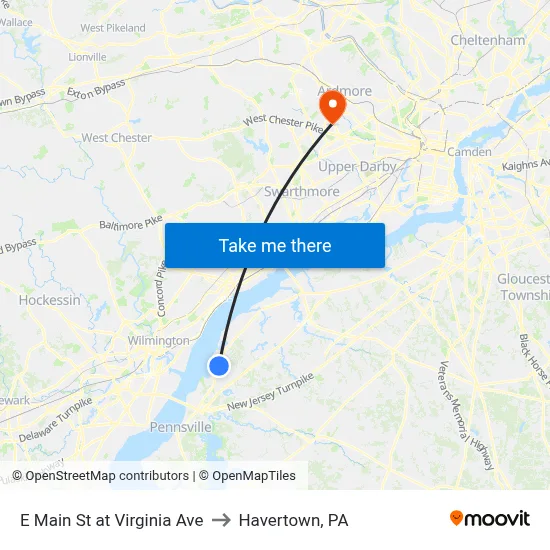 E Main St at Virginia Ave to Havertown, PA map
