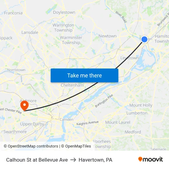 Calhoun St at Bellevue Ave to Havertown, PA map