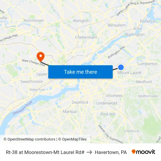 Rt-38 at Moorestown-Mt Laurel Rd# to Havertown, PA map
