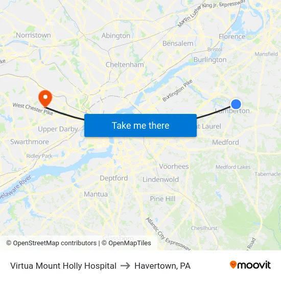 Virtua Mount Holly Hospital to Havertown, PA map