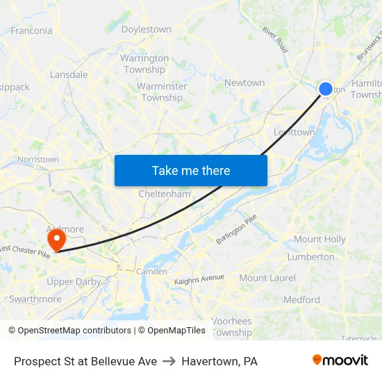 Prospect St at Bellevue Ave to Havertown, PA map