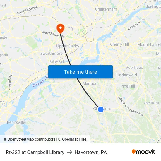 Rt-322 at Campbell Library to Havertown, PA map