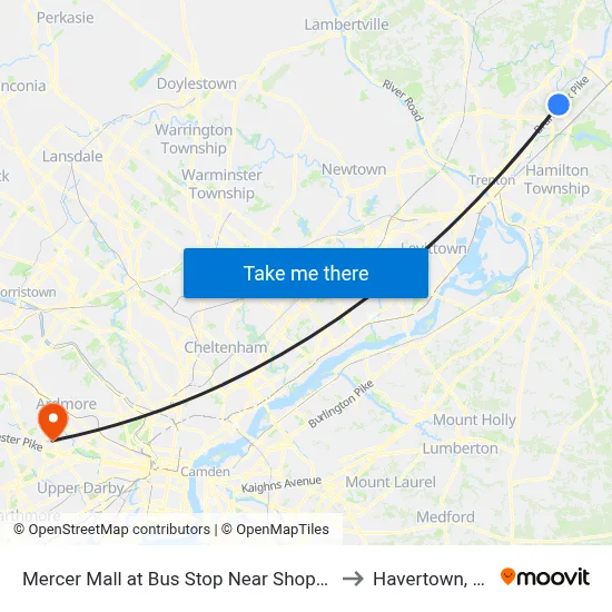 Mercer Mall at Bus Stop Near Shoprite to Havertown, PA map