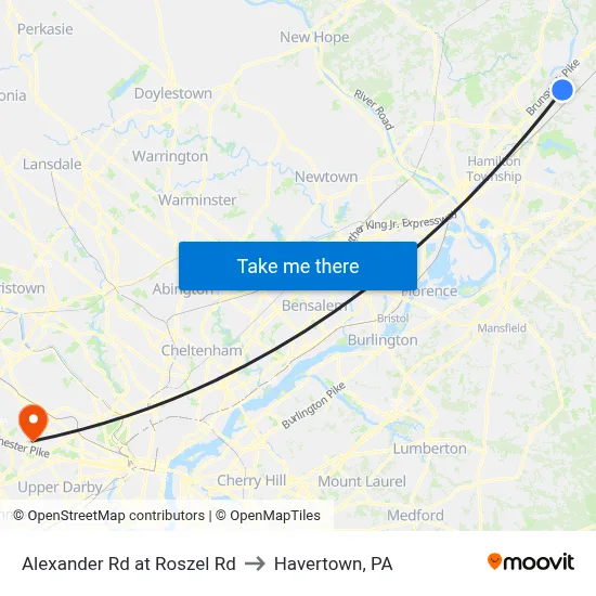 Alexander Rd at Roszel Rd to Havertown, PA map
