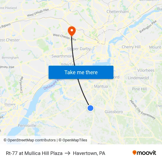Rt-77 at Mullica Hill Plaza to Havertown, PA map