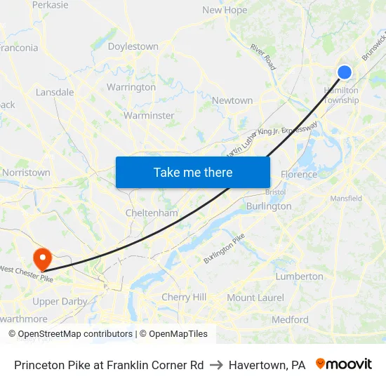 Princeton Pike at Franklin Corner Rd to Havertown, PA map