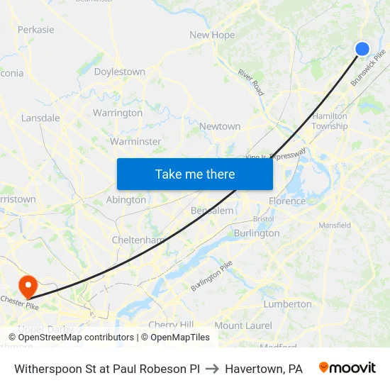 Witherspoon St at Paul Robeson Pl to Havertown, PA map