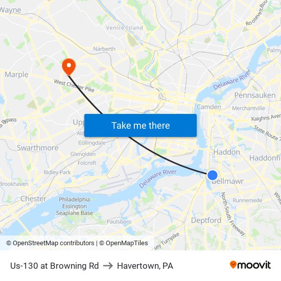 Us-130 at Browning Rd to Havertown, PA map