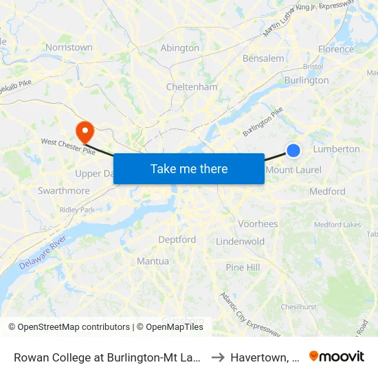 Rowan College at Burlington-Mt Laurel to Havertown, PA map
