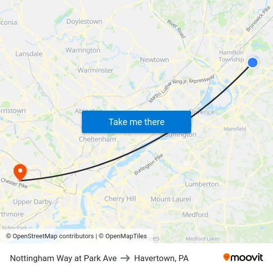 Nottingham Way at Park Ave to Havertown, PA map