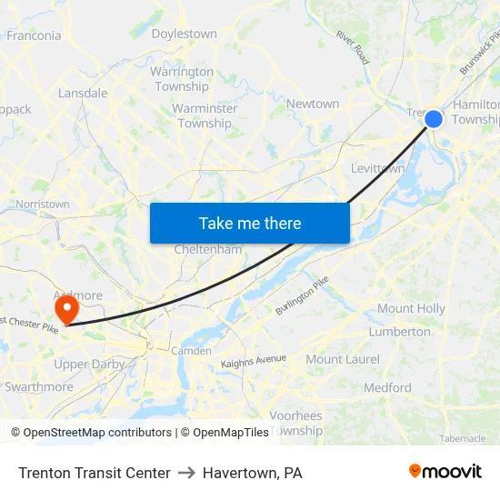 Trenton Transit Center to Havertown, PA map