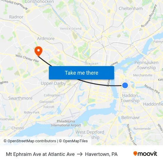 Mt Ephraim Ave at Atlantic Ave to Havertown, PA map