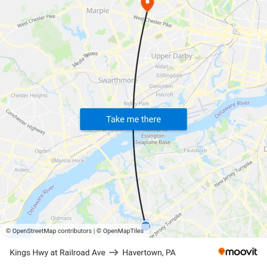 Kings Hwy at Railroad Ave to Havertown, PA map