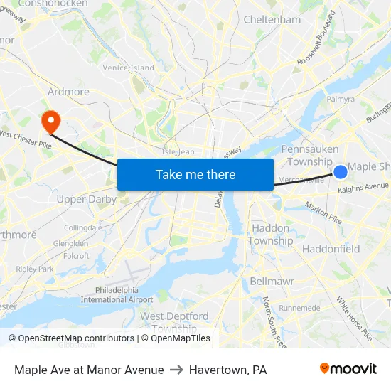 Maple Ave at Manor Avenue to Havertown, PA map