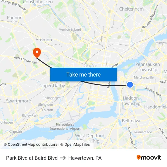 Park Blvd at Baird Blvd to Havertown, PA map