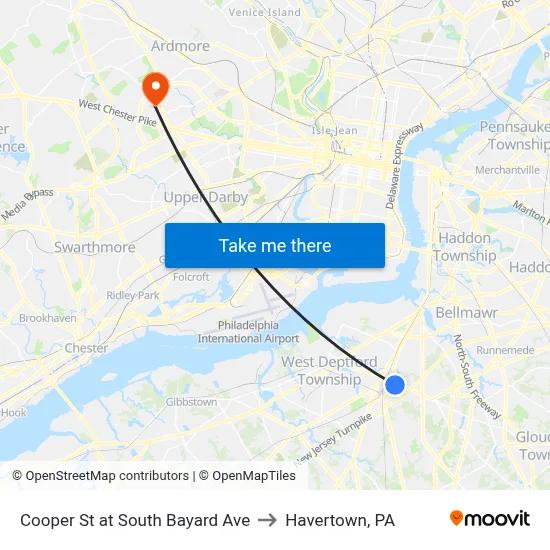 Cooper St at South Bayard Ave to Havertown, PA map