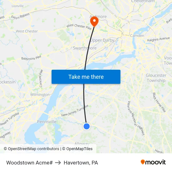 Woodstown Acme# to Havertown, PA map