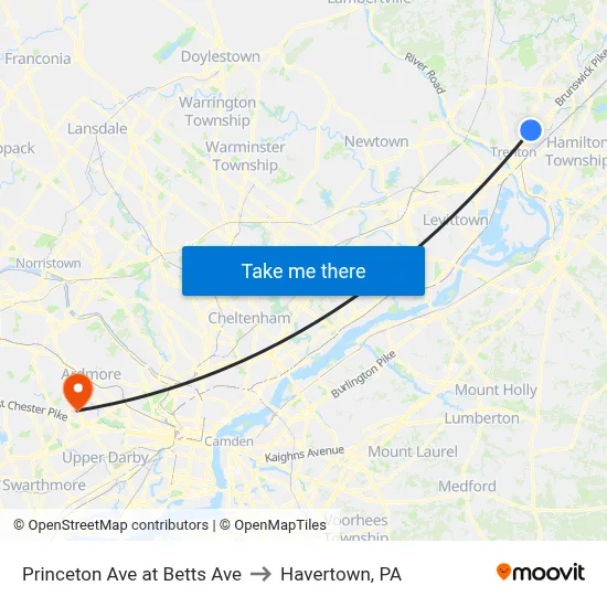 Princeton Ave at Betts Ave to Havertown, PA map