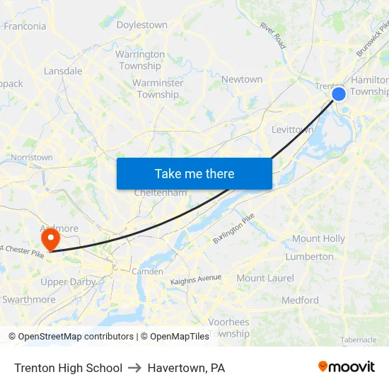 Trenton High School to Havertown, PA map