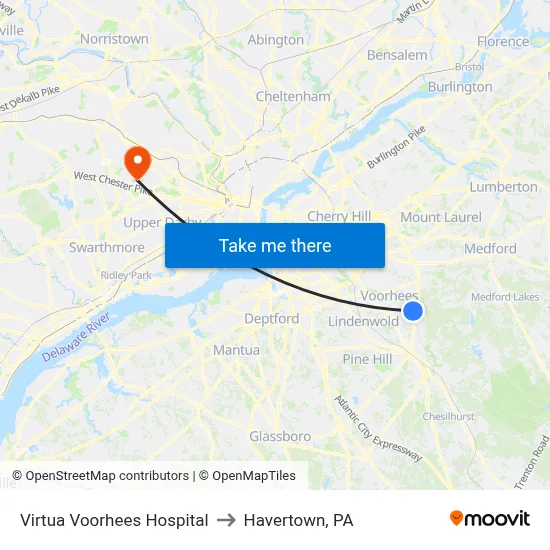 Virtua Voorhees Hospital to Havertown, PA map