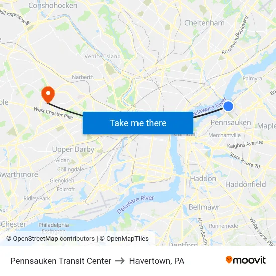 Pennsauken Transit Center to Havertown, PA map