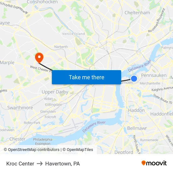 Kroc Center to Havertown, PA map